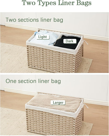 Storage Basket with Lid Rattan Woven Storage Baskets with 2 Separate Lids, 17.2 Gallon (65 L), 22 x 13 x 13.8 Inches,Foldable, 2 Removable Liner Bags Handles for Bedroom, Laundry Room Natural