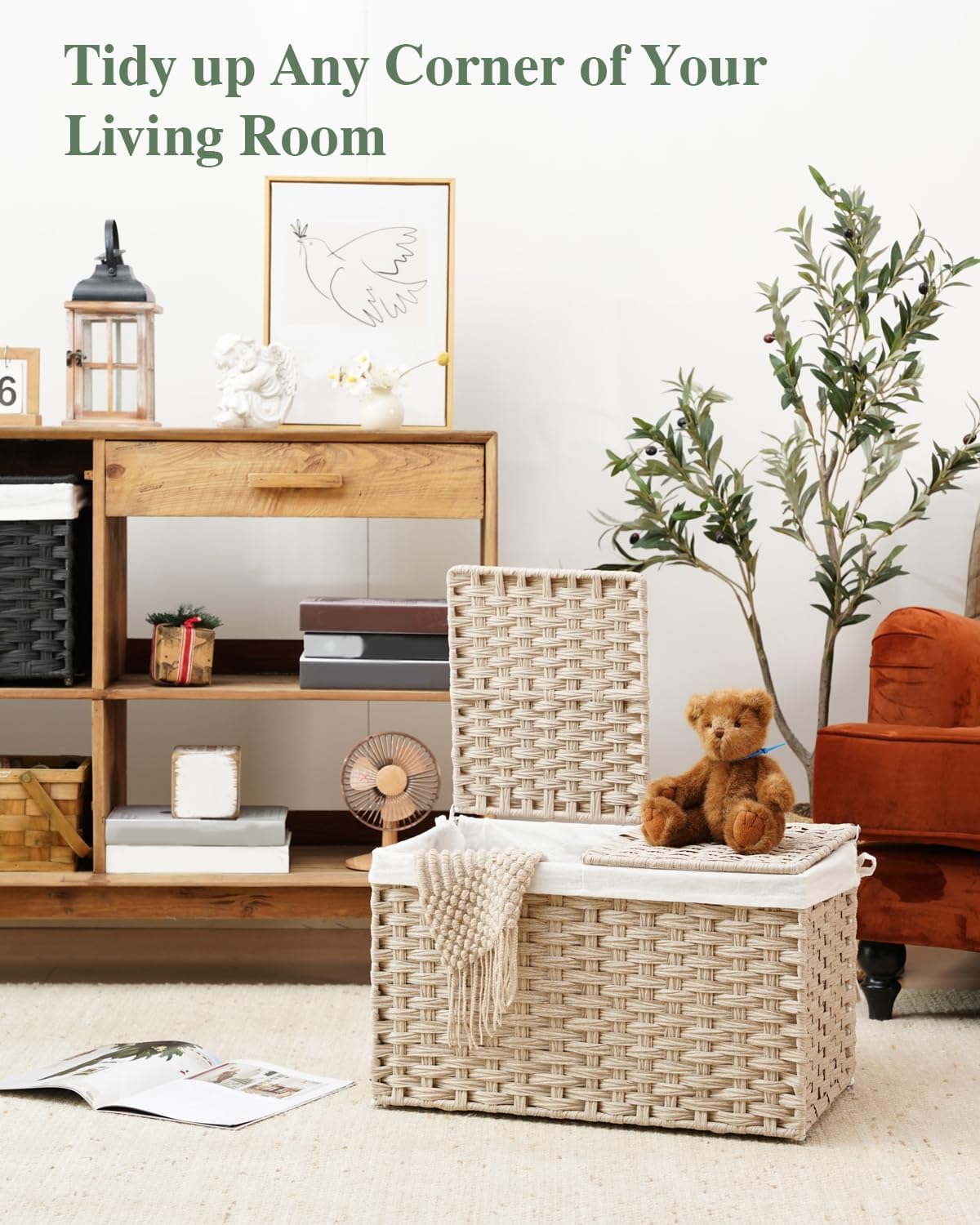 Storage Basket with Lid Rattan Woven Storage Baskets with 2 Separate Lids, 17.2 Gallon (65 L), 22 x 13 x 13.8 Inches,Foldable, 2 Removable Liner Bags Handles for Bedroom, Laundry Room Natural