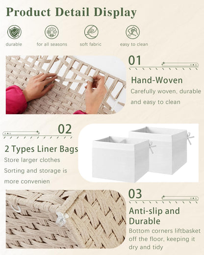 Storage Basket with Lid Rattan Woven Storage Baskets with 2 Separate Lids, 17.2 Gallon (65 L), 22 x 13 x 13.8 Inches,Foldable, 2 Removable Liner Bags Handles for Bedroom, Laundry Room Natural