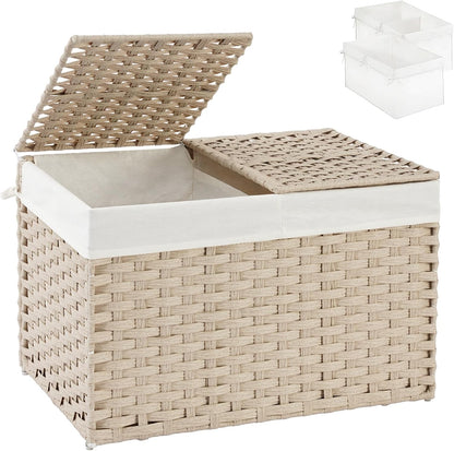 Storage Basket with Lid Rattan Woven Storage Baskets with 2 Separate Lids, 17.2 Gallon (65 L), 22 x 13 x 13.8 Inches,Foldable, 2 Removable Liner Bags Handles for Bedroom, Laundry Room Natural