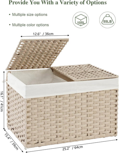 Storage Basket with Lid Rattan Woven Storage Baskets with 2 Separate Lids, 17.2 Gallon (65 L), 22 x 13 x 13.8 Inches,Foldable, 2 Removable Liner Bags Handles for Bedroom, Laundry Room Natural