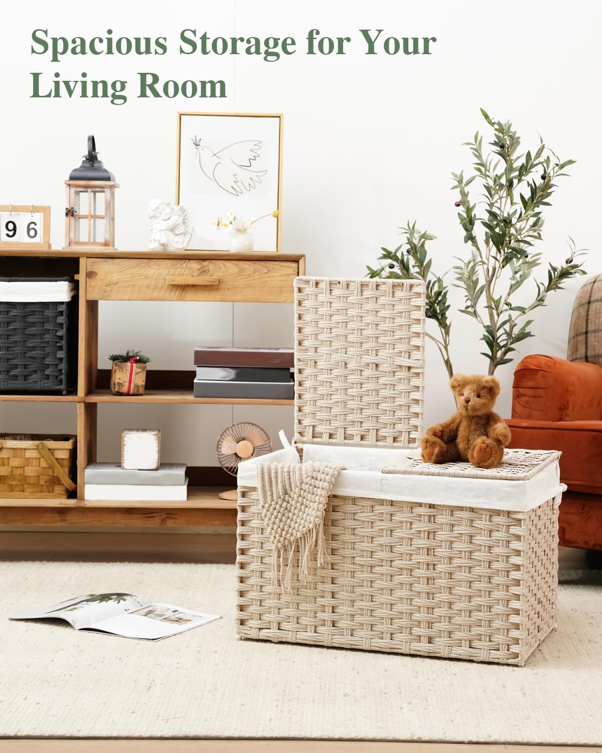 Storage Basket with Lid Rattan Woven Storage Baskets with 2 Separate Lids, 17.2 Gallon (65 L), 22 x 13 x 13.8 Inches,Foldable, 2 Removable Liner Bags Handles for Bedroom, Laundry Room Natural