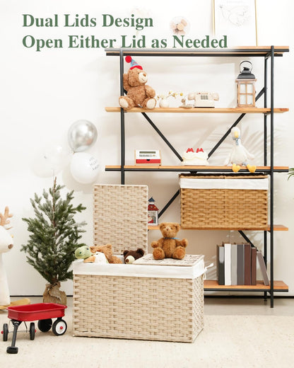 Storage Basket with Lid Rattan Woven Storage Baskets with 2 Separate Lids, 17.2 Gallon (65 L), 22 x 13 x 13.8 Inches,Foldable, 2 Removable Liner Bags Handles for Bedroom, Laundry Room Natural