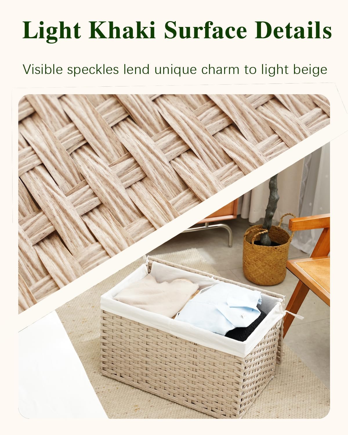 Storage Basket with Lid Rattan Woven Storage Baskets with 2 Separate Lids, 17.2 Gallon (65 L), 22 x 13 x 13.8 Inches,Foldable, 2 Removable Liner Bags Handles for Bedroom, Laundry Room Natural