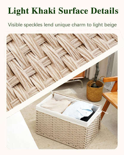 Storage Basket with Lid Rattan Woven Storage Baskets with 2 Separate Lids, 17.2 Gallon (65 L), 22 x 13 x 13.8 Inches,Foldable, 2 Removable Liner Bags Handles for Bedroom, Laundry Room Natural