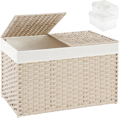 Storage Basket with Lid Rattan Woven Storage Baskets with 2 Separate Lids, 17.2 Gallon (65 L), 22 x 13 x 13.8 Inches,Foldable, 2 Removable Liner Bags Handles for Bedroom, Laundry Room Natural