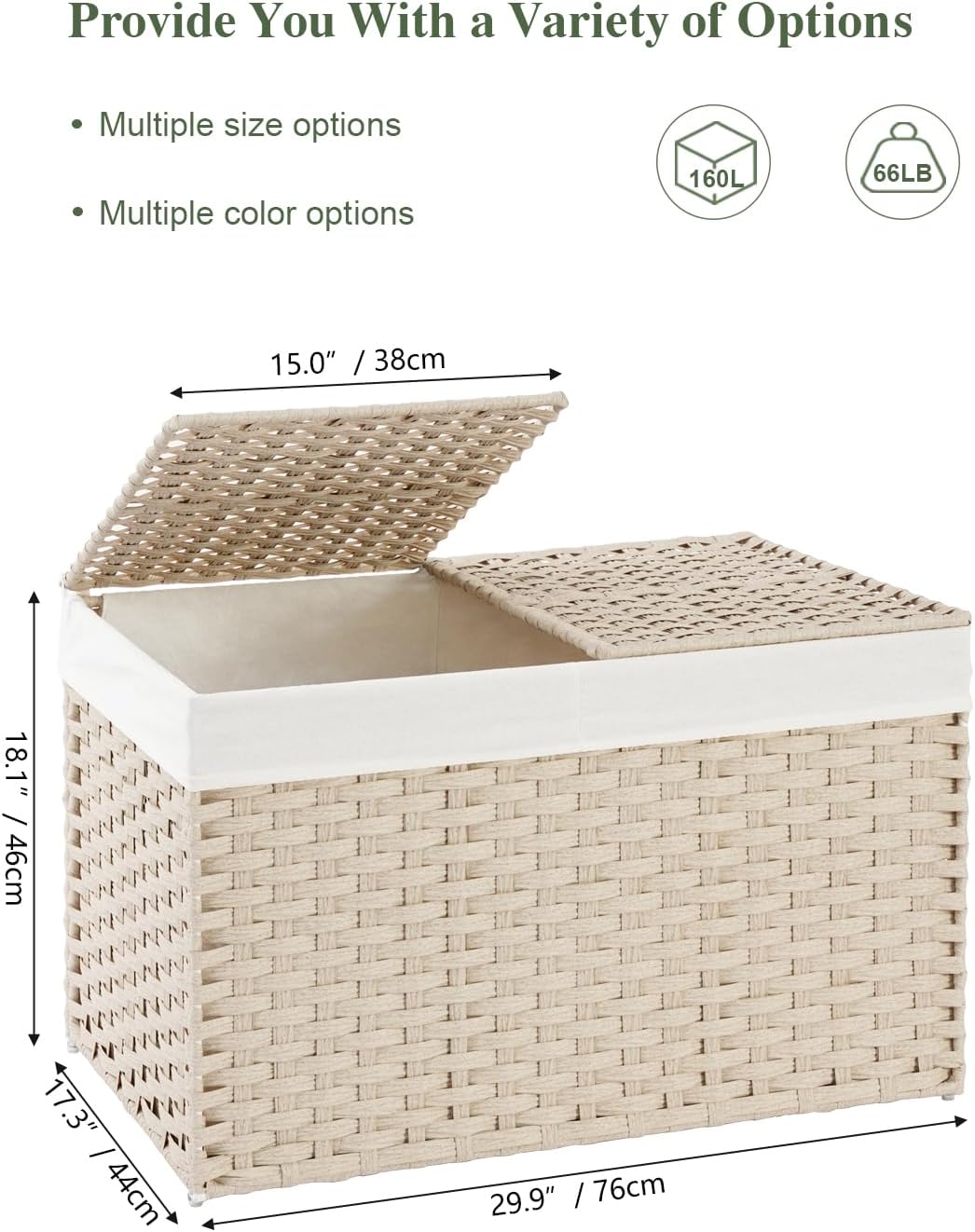 Storage Basket with Lid Rattan Woven Storage Baskets with 2 Separate Lids, 17.2 Gallon (65 L), 22 x 13 x 13.8 Inches,Foldable, 2 Removable Liner Bags Handles for Bedroom, Laundry Room Natural