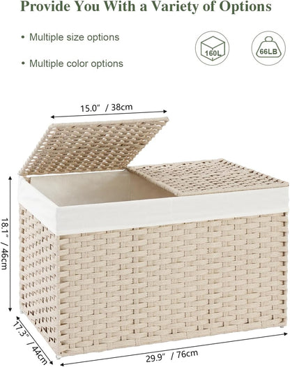 Storage Basket with Lid Rattan Woven Storage Baskets with 2 Separate Lids, 17.2 Gallon (65 L), 22 x 13 x 13.8 Inches,Foldable, 2 Removable Liner Bags Handles for Bedroom, Laundry Room Natural