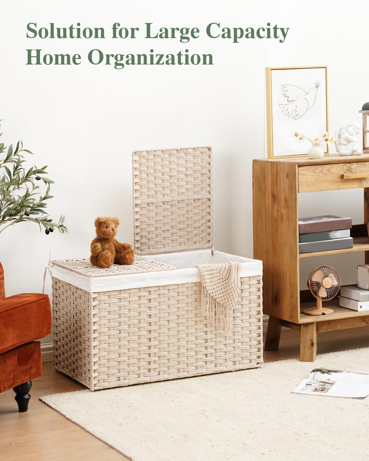 Storage Basket with Lid Rattan Woven Storage Baskets with 2 Separate Lids, 17.2 Gallon (65 L), 22 x 13 x 13.8 Inches,Foldable, 2 Removable Liner Bags Handles for Bedroom, Laundry Room Natural