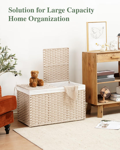 Storage Basket with Lid Rattan Woven Storage Baskets with 2 Separate Lids, 17.2 Gallon (65 L), 22 x 13 x 13.8 Inches,Foldable, 2 Removable Liner Bags Handles for Bedroom, Laundry Room Natural