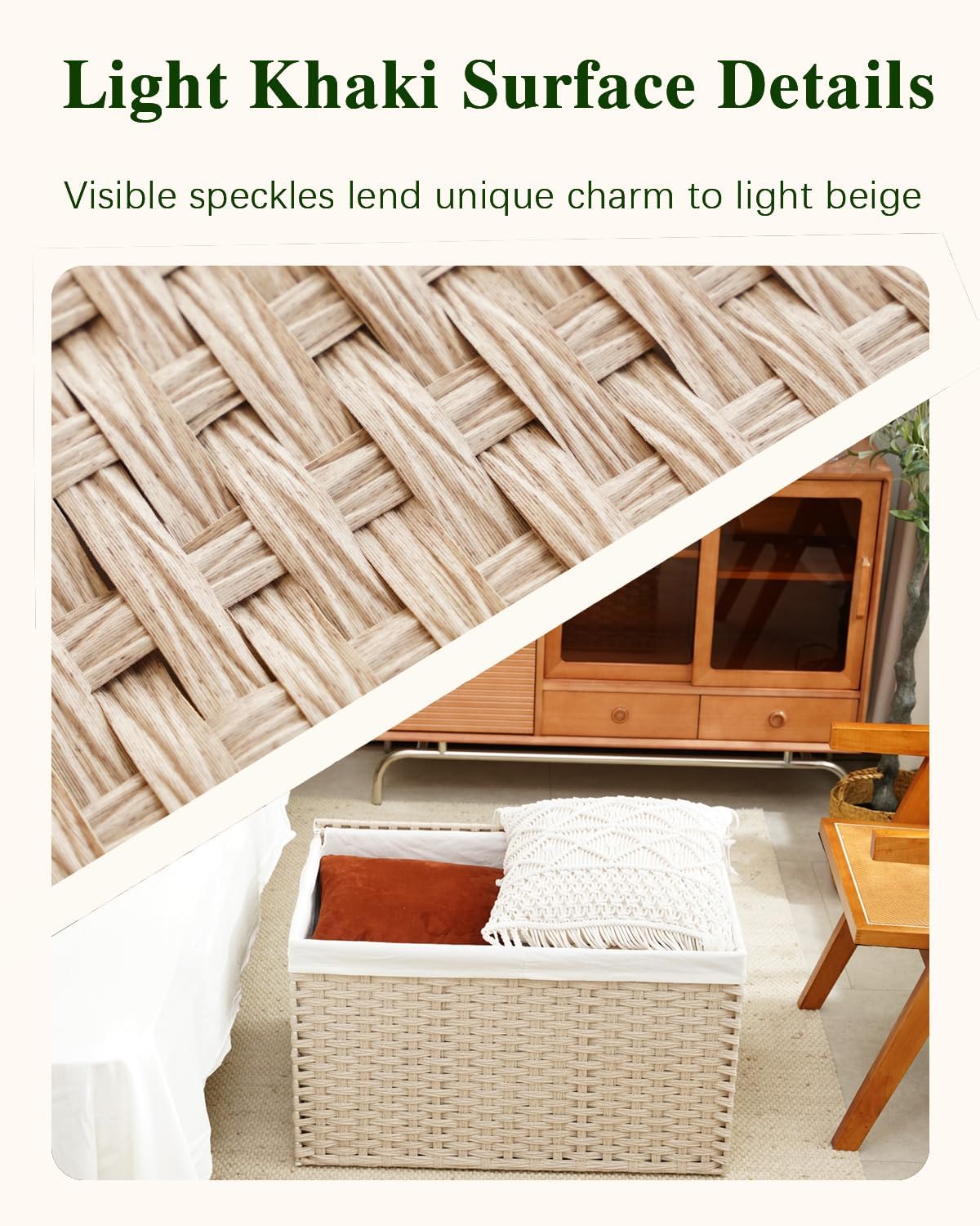 Storage Basket with Lid Rattan Woven Storage Baskets with 2 Separate Lids, 17.2 Gallon (65 L), 22 x 13 x 13.8 Inches,Foldable, 2 Removable Liner Bags Handles for Bedroom, Laundry Room Natural