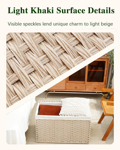 Storage Basket with Lid Rattan Woven Storage Baskets with 2 Separate Lids, 17.2 Gallon (65 L), 22 x 13 x 13.8 Inches,Foldable, 2 Removable Liner Bags Handles for Bedroom, Laundry Room Natural