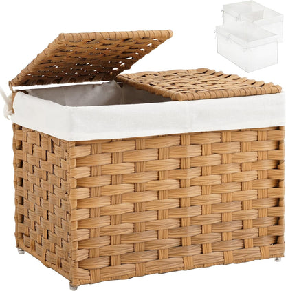 Storage Basket with Lid Rattan Woven Storage Baskets with 2 Separate Lids, 17.2 Gallon (65 L), 22 x 13 x 13.8 Inches,Foldable, 2 Removable Liner Bags Handles for Bedroom, Laundry Room Natural