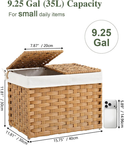 Storage Basket with Lid Rattan Woven Storage Baskets with 2 Separate Lids, 17.2 Gallon (65 L), 22 x 13 x 13.8 Inches,Foldable, 2 Removable Liner Bags Handles for Bedroom, Laundry Room Natural