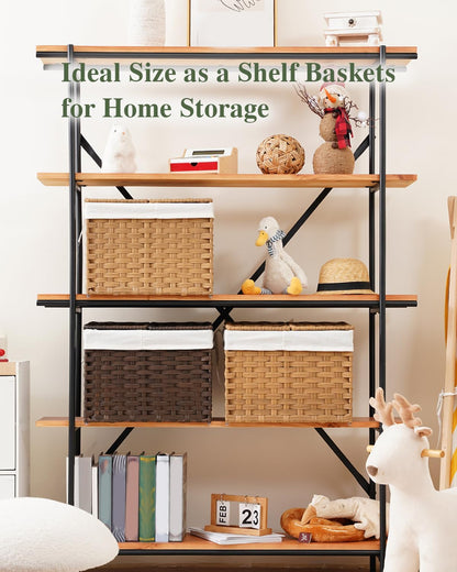 Storage Basket with Lid Rattan Woven Storage Baskets with 2 Separate Lids, 17.2 Gallon (65 L), 22 x 13 x 13.8 Inches,Foldable, 2 Removable Liner Bags Handles for Bedroom, Laundry Room Natural