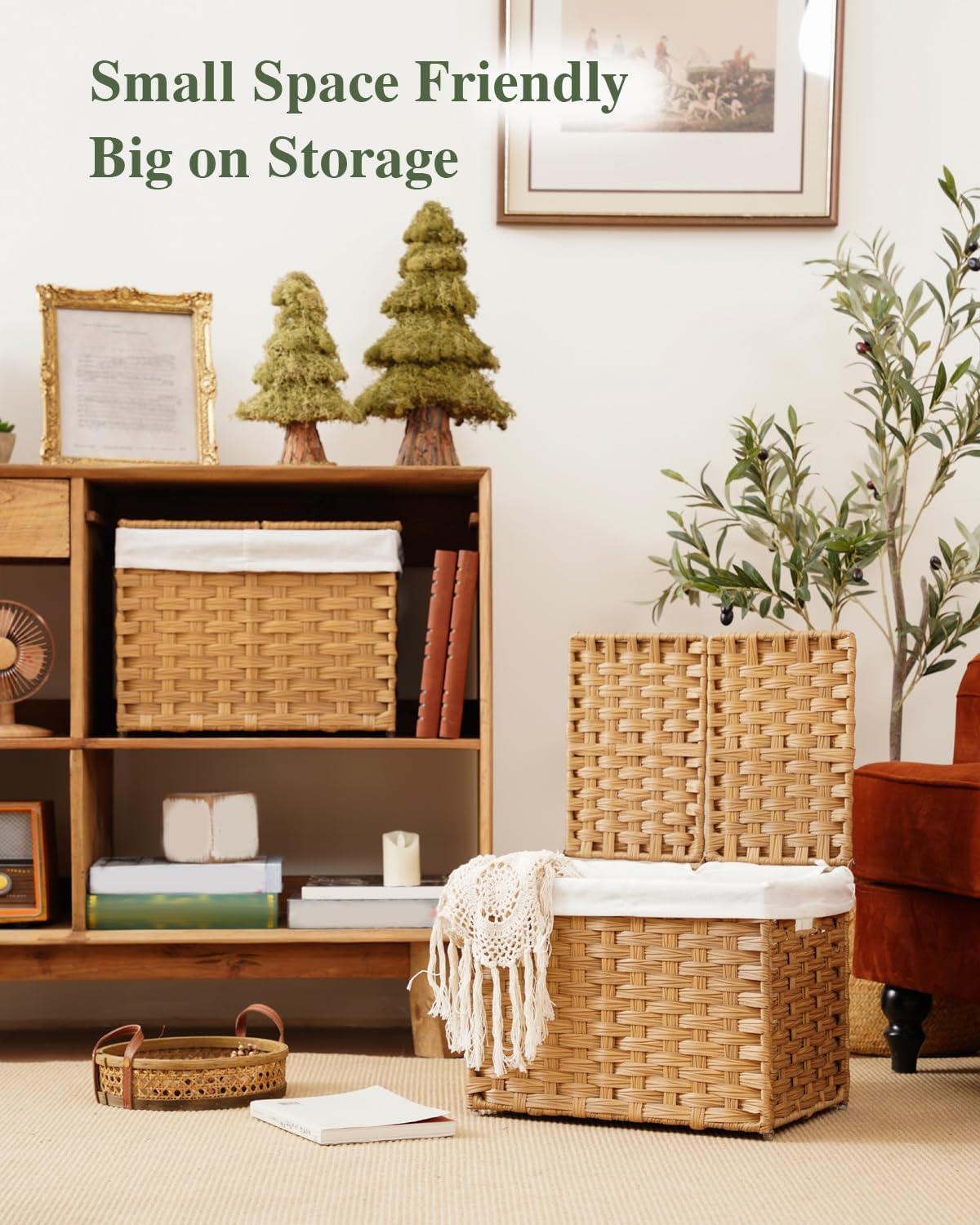Storage Basket with Lid Rattan Woven Storage Baskets with 2 Separate Lids, 17.2 Gallon (65 L), 22 x 13 x 13.8 Inches,Foldable, 2 Removable Liner Bags Handles for Bedroom, Laundry Room Natural