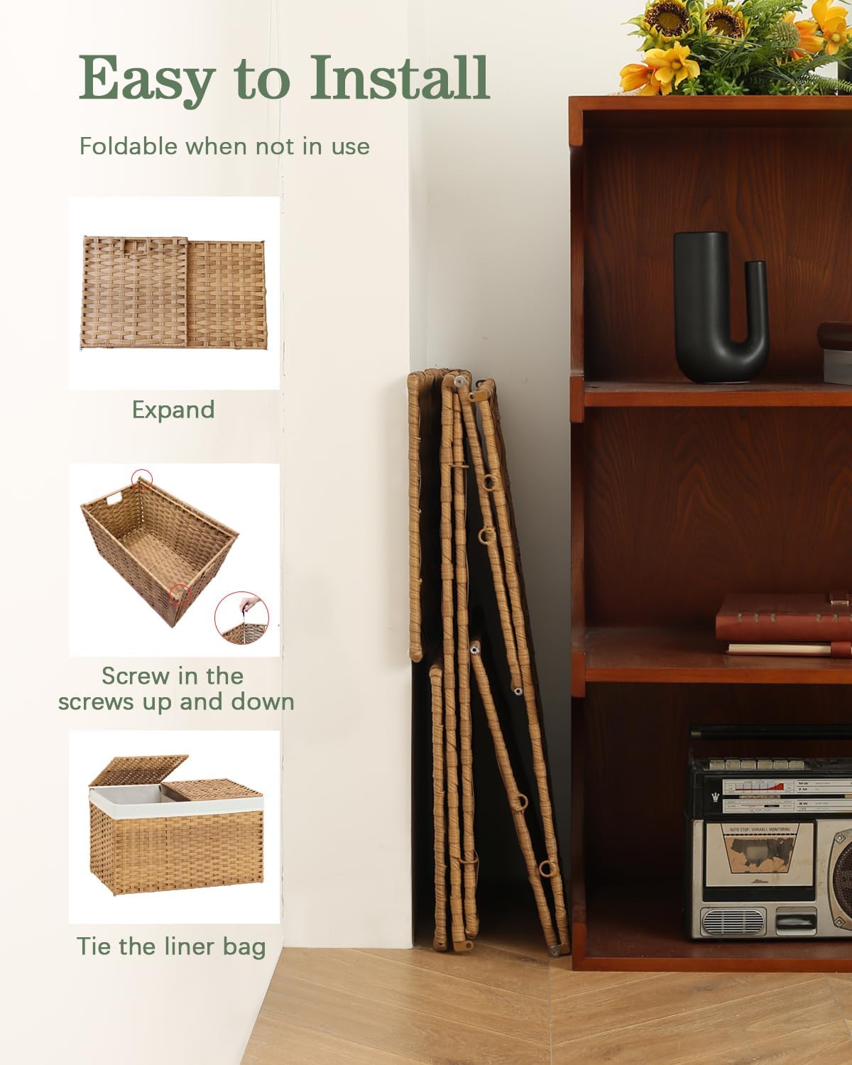 Storage Basket with Lid Rattan Woven Storage Baskets with 2 Separate Lids, 17.2 Gallon (65 L), 22 x 13 x 13.8 Inches,Foldable, 2 Removable Liner Bags Handles for Bedroom, Laundry Room Natural