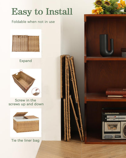 Storage Basket with Lid Rattan Woven Storage Baskets with 2 Separate Lids, 17.2 Gallon (65 L), 22 x 13 x 13.8 Inches,Foldable, 2 Removable Liner Bags Handles for Bedroom, Laundry Room Natural