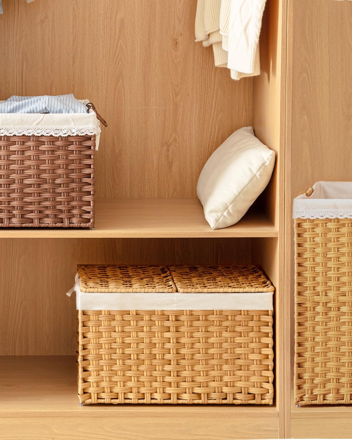 Storage Basket with Lid Rattan Woven Storage Baskets with 2 Separate Lids, 17.2 Gallon (65 L), 22 x 13 x 13.8 Inches,Foldable, 2 Removable Liner Bags Handles for Bedroom, Laundry Room Natural