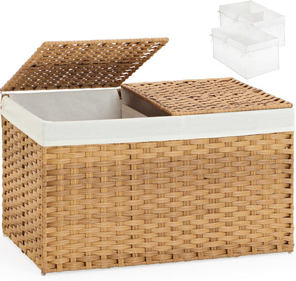 Storage Basket with Lid Rattan Woven Storage Baskets with 2 Separate Lids, 17.2 Gallon (65 L), 22 x 13 x 13.8 Inches,Foldable, 2 Removable Liner Bags Handles for Bedroom, Laundry Room Natural