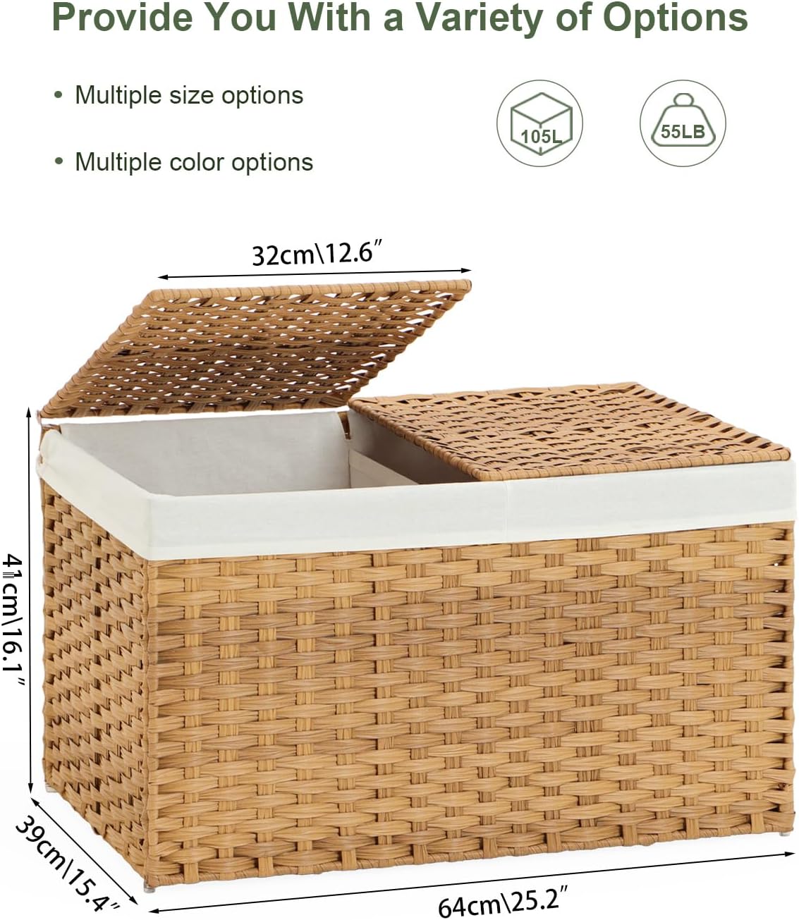Storage Basket with Lid Rattan Woven Storage Baskets with 2 Separate Lids, 17.2 Gallon (65 L), 22 x 13 x 13.8 Inches,Foldable, 2 Removable Liner Bags Handles for Bedroom, Laundry Room Natural
