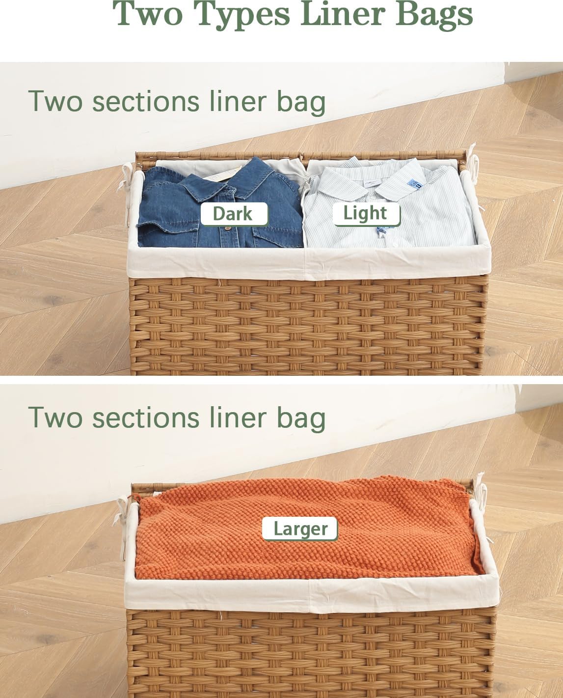 Storage Basket with Lid Rattan Woven Storage Baskets with 2 Separate Lids, 17.2 Gallon (65 L), 22 x 13 x 13.8 Inches,Foldable, 2 Removable Liner Bags Handles for Bedroom, Laundry Room Natural