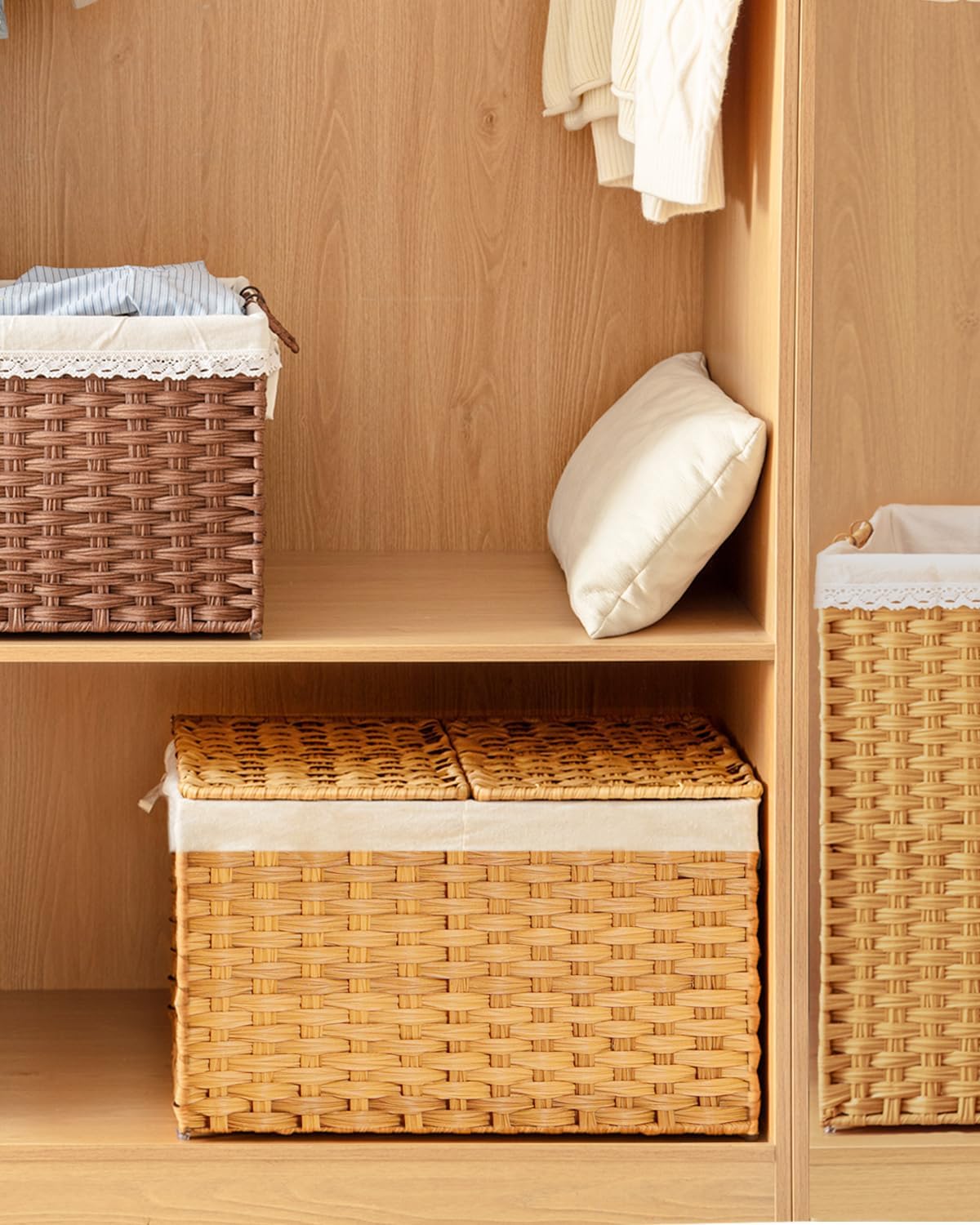 Storage Basket with Lid Rattan Woven Storage Baskets with 2 Separate Lids, 17.2 Gallon (65 L), 22 x 13 x 13.8 Inches,Foldable, 2 Removable Liner Bags Handles for Bedroom, Laundry Room Natural