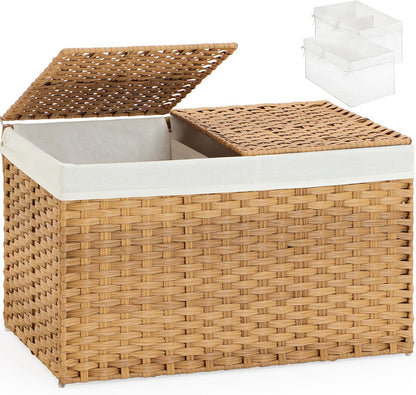 Storage Basket with Lid Rattan Woven Storage Baskets with 2 Separate Lids, 17.2 Gallon (65 L), 22 x 13 x 13.8 Inches,Foldable, 2 Removable Liner Bags Handles for Bedroom, Laundry Room Natural