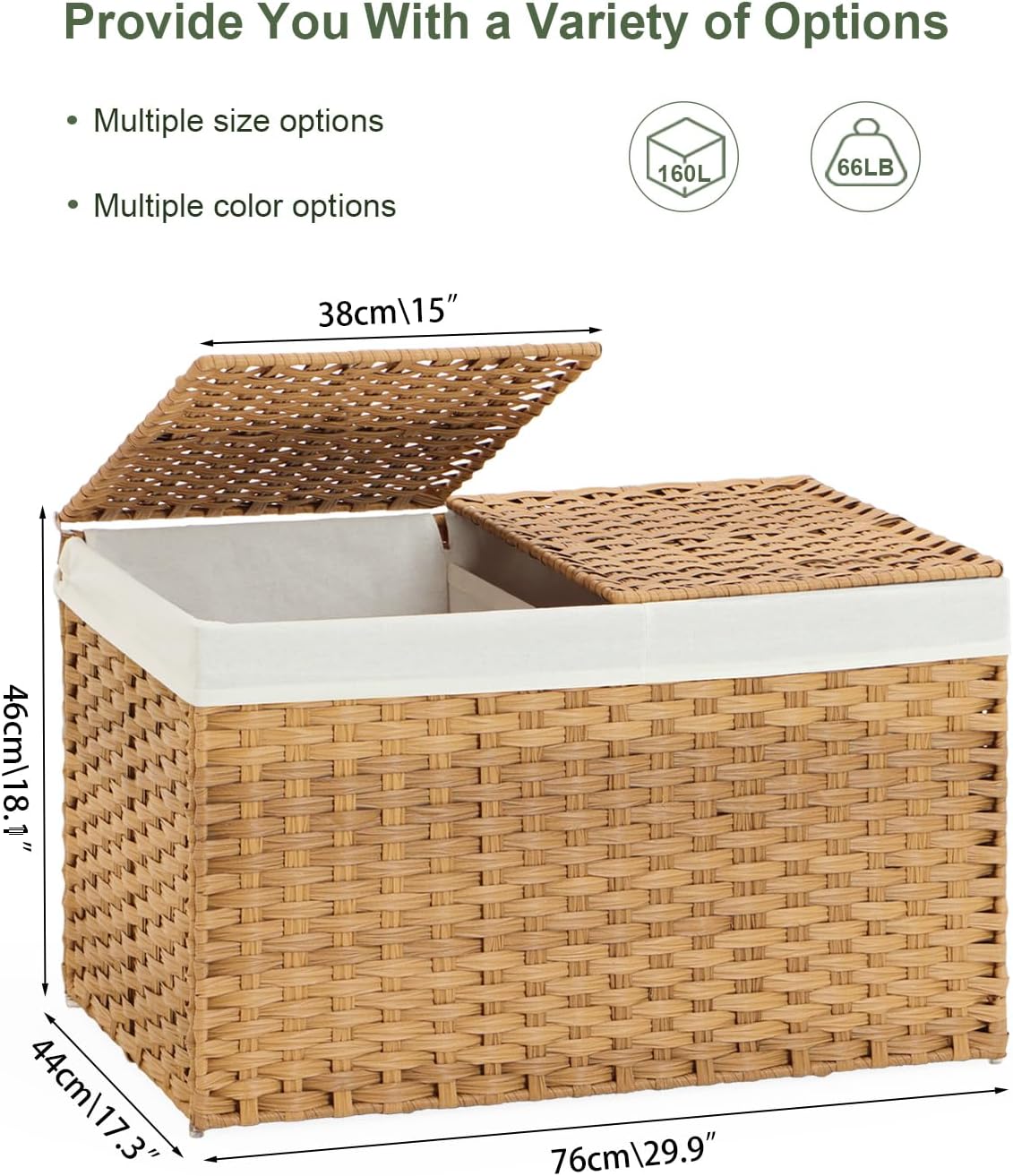Storage Basket with Lid Rattan Woven Storage Baskets with 2 Separate Lids, 17.2 Gallon (65 L), 22 x 13 x 13.8 Inches,Foldable, 2 Removable Liner Bags Handles for Bedroom, Laundry Room Natural