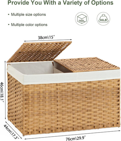 Storage Basket with Lid Rattan Woven Storage Baskets with 2 Separate Lids, 17.2 Gallon (65 L), 22 x 13 x 13.8 Inches,Foldable, 2 Removable Liner Bags Handles for Bedroom, Laundry Room Natural