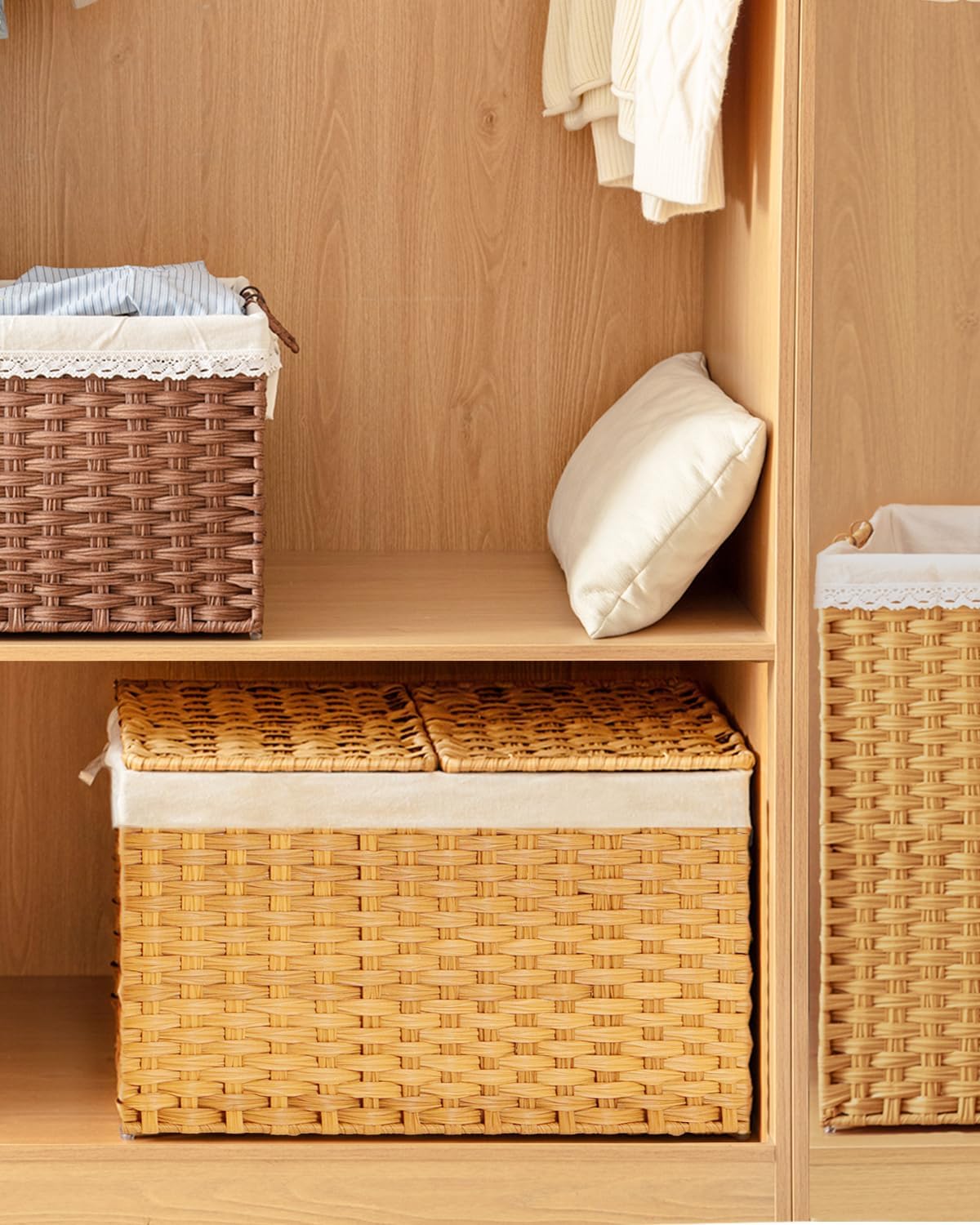 Storage Basket with Lid Rattan Woven Storage Baskets with 2 Separate Lids, 17.2 Gallon (65 L), 22 x 13 x 13.8 Inches,Foldable, 2 Removable Liner Bags Handles for Bedroom, Laundry Room Natural