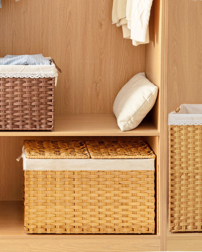 Storage Basket with Lid Rattan Woven Storage Baskets with 2 Separate Lids, 17.2 Gallon (65 L), 22 x 13 x 13.8 Inches,Foldable, 2 Removable Liner Bags Handles for Bedroom, Laundry Room Natural