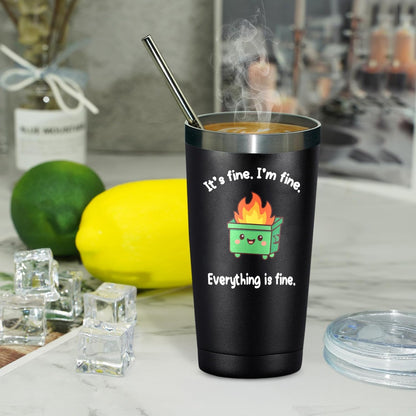 Dumpster Fire Tumbler - 20oz Stainless Steel coffee Mug Tumbler, Christmas Gifts for Women Friends Coworkers Employees, Funny Office Decor Desk Accessories Gifts for Coworkers, Everything Is Fine Mug