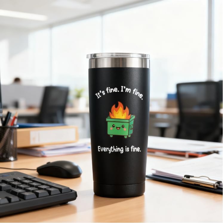 Dumpster Fire Tumbler - 20oz Stainless Steel coffee Mug Tumbler, Christmas Gifts for Women Friends Coworkers Employees, Funny Office Decor Desk Accessories Gifts for Coworkers, Everything Is Fine Mug