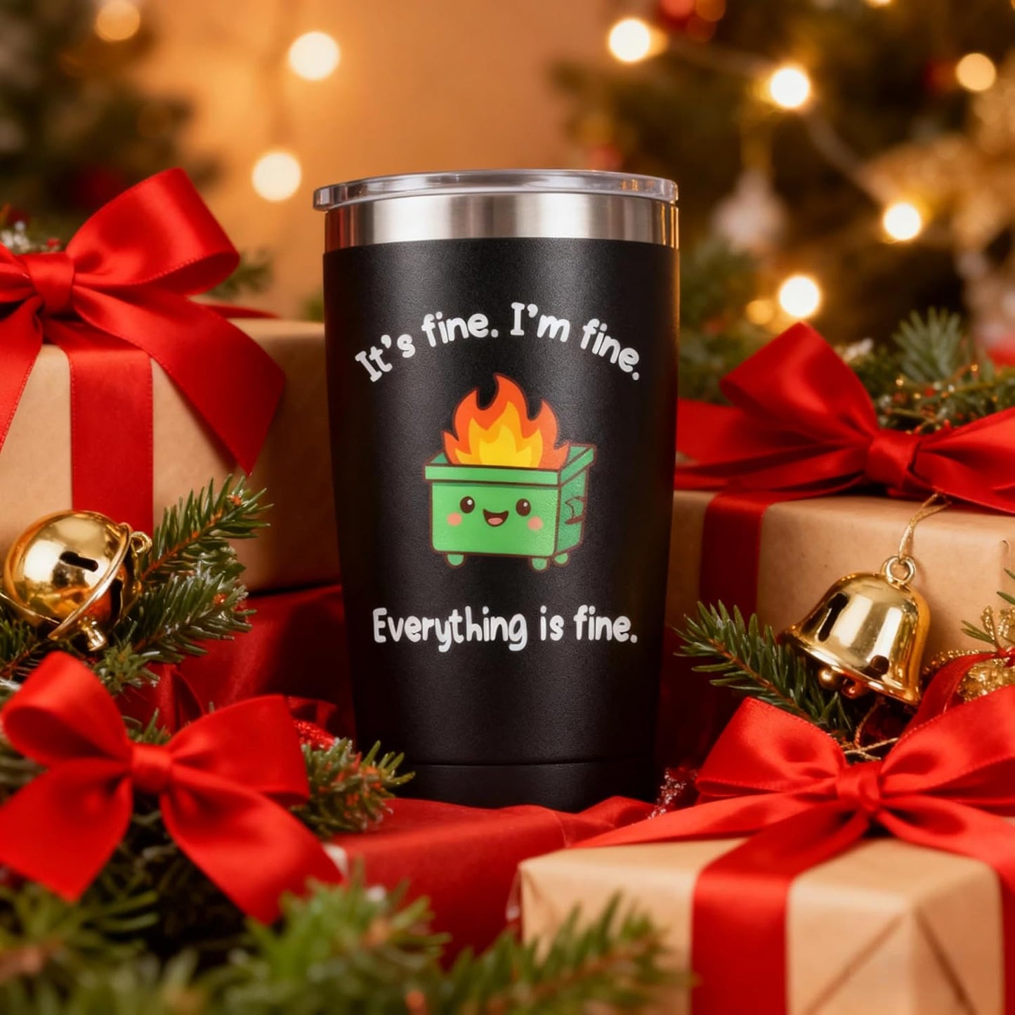 Dumpster Fire Tumbler - 20oz Stainless Steel coffee Mug Tumbler, Christmas Gifts for Women Friends Coworkers Employees, Funny Office Decor Desk Accessories Gifts for Coworkers, Everything Is Fine Mug