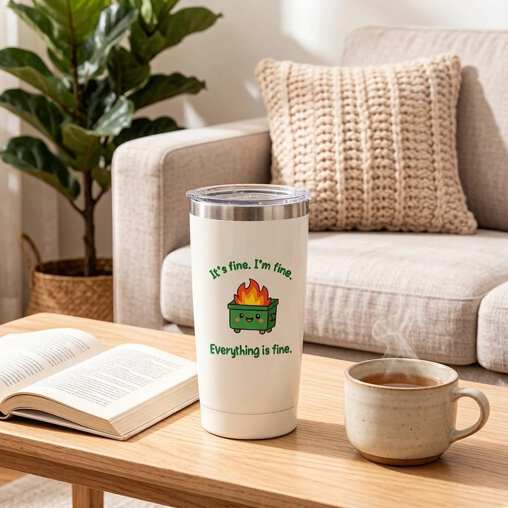 Dumpster Fire Tumbler - 20oz Stainless Steel coffee Mug Tumbler, Christmas Gifts for Women Friends Coworkers Employees, Funny Office Decor Desk Accessories Gifts for Coworkers, Everything Is Fine Mug
