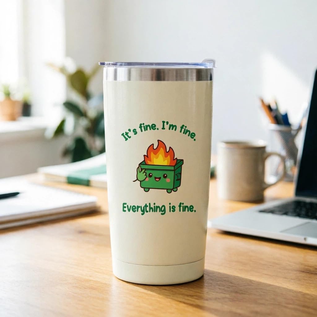 Dumpster Fire Tumbler - 20oz Stainless Steel coffee Mug Tumbler, Christmas Gifts for Women Friends Coworkers Employees, Funny Office Decor Desk Accessories Gifts for Coworkers, Everything Is Fine Mug