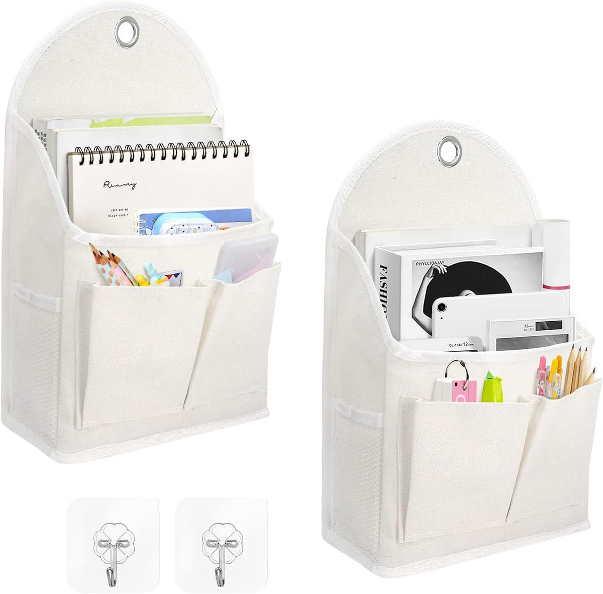 2 Pack Wall Hanging Organizer Bag with Pockets Fabric Storage Bag Basket Caddy Waterproof Over the Door Pouch Closet Shelves with Hook for Kitchen,Bedroom, Bathroom (White+White), (01)