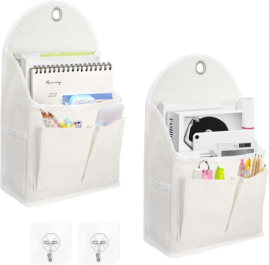 2 Pack Wall Hanging Organizer Bag with Pockets Fabric Storage Bag Basket Caddy Waterproof Over the Door Pouch Closet Shelves with Hook for Kitchen,Bedroom, Bathroom (White+White), (01)