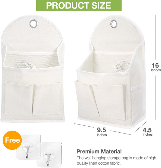 2 Pack Wall Hanging Organizer Bag with Pockets Fabric Storage Bag Basket Caddy Waterproof Over the Door Pouch Closet Shelves with Hook for Kitchen,Bedroom, Bathroom (White+White), (01)