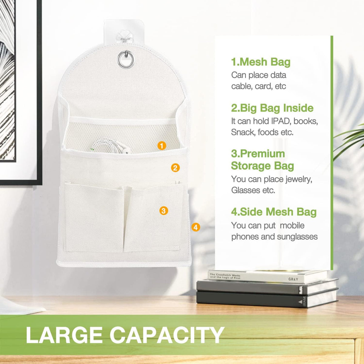 2 Pack Wall Hanging Organizer Bag with Pockets Fabric Storage Bag Basket Caddy Waterproof Over the Door Pouch Closet Shelves with Hook for Kitchen,Bedroom, Bathroom (White+White), (01)