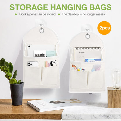2 Pack Wall Hanging Organizer Bag with Pockets Fabric Storage Bag Basket Caddy Waterproof Over the Door Pouch Closet Shelves with Hook for Kitchen,Bedroom, Bathroom (White+White), (01)