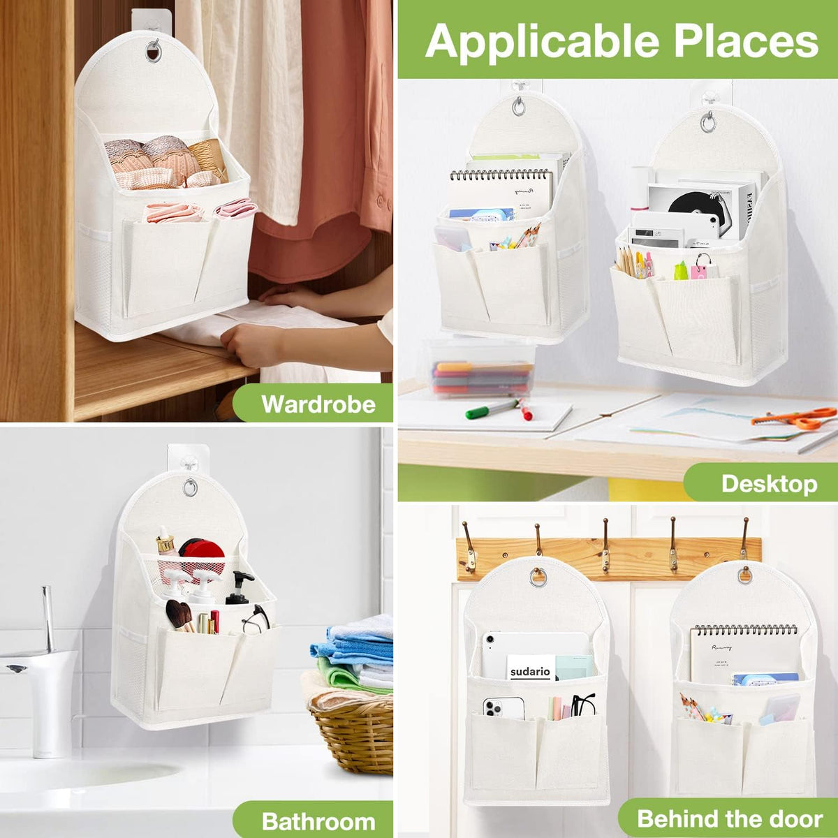 2 Pack Wall Hanging Organizer Bag with Pockets Fabric Storage Bag Basket Caddy Waterproof Over the Door Pouch Closet Shelves with Hook for Kitchen,Bedroom, Bathroom (White+White), (01)