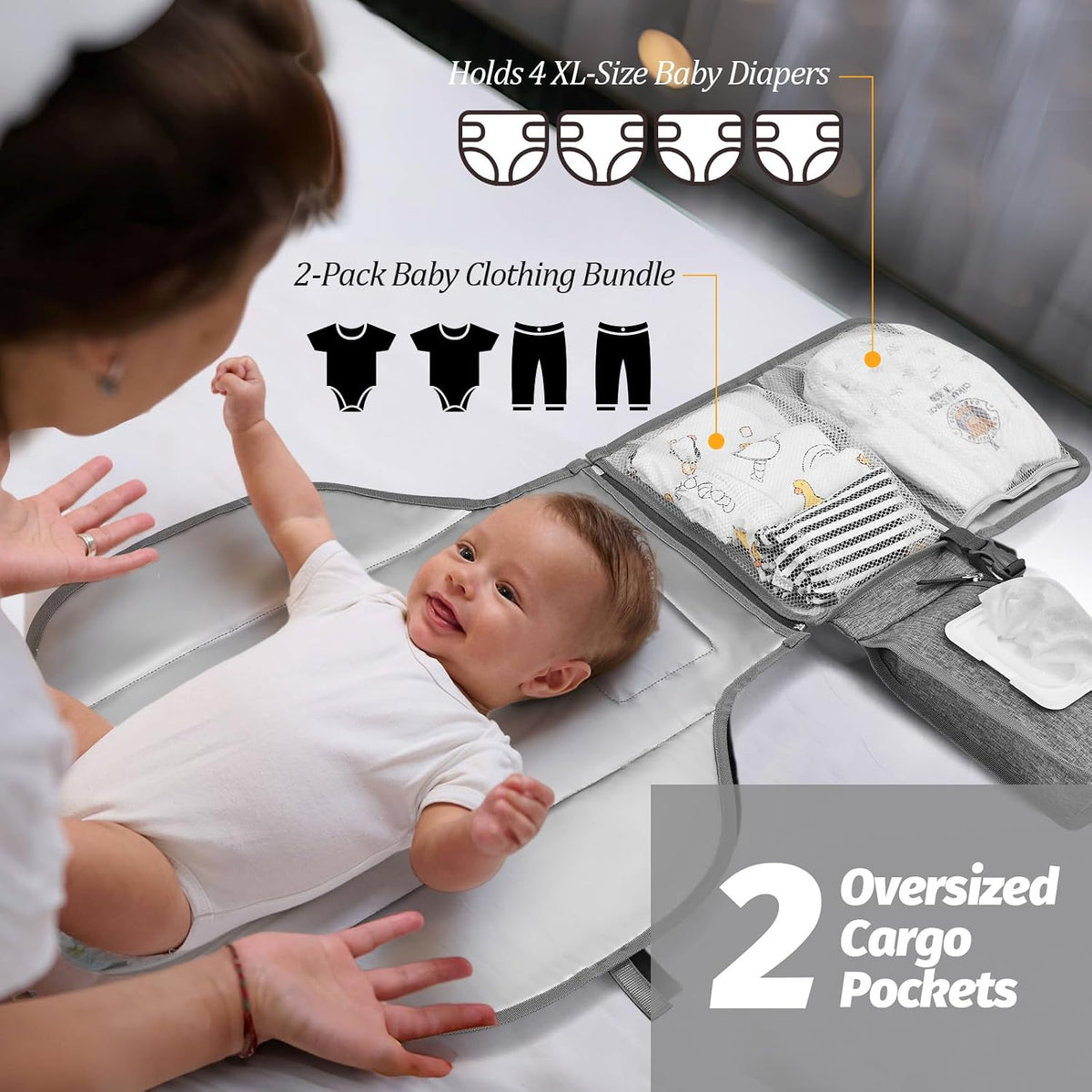 Portable Diaper Changing Pad - Changing Pad Portable with Wipes Pocket, Waterproof Diaper Changing Mat, Portable Changing Pad for Baby, Newborn Gift（Grey）