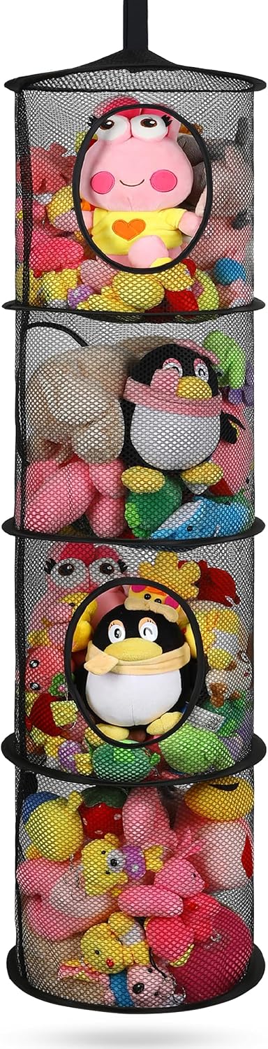 Hanging Stuffed Animal Storage Hammock Net 4 Tiers, Pink