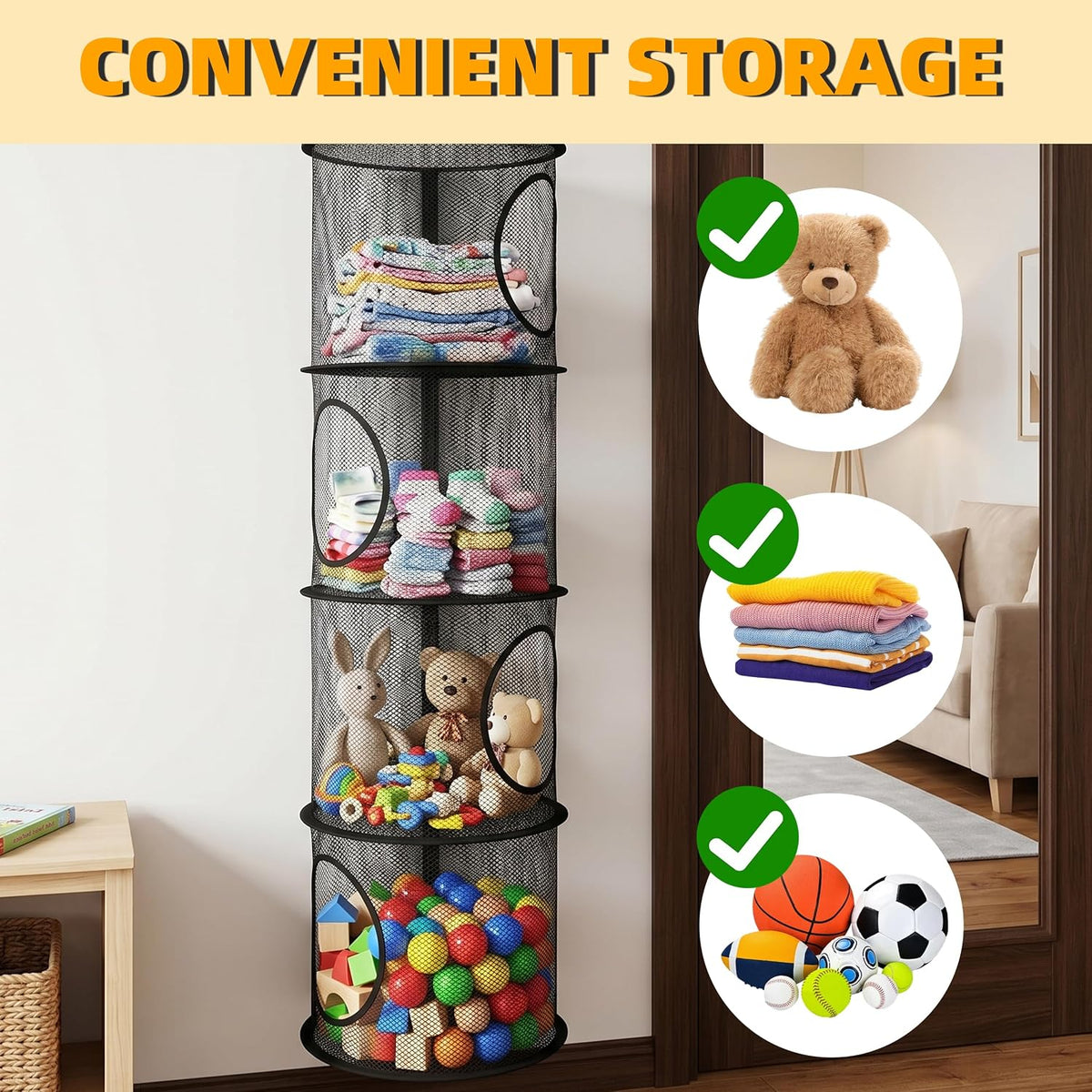 Hanging Stuffed Animal Storage Hammock Net 4 Tiers, Pink