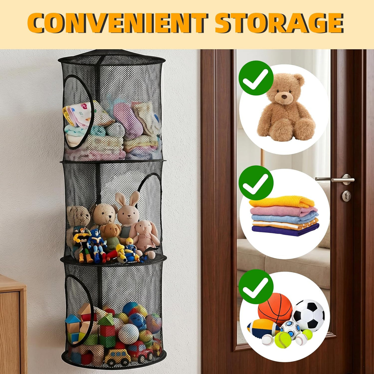 Hanging Stuffed Animal Storage Hammock Net 4 Tiers, Pink