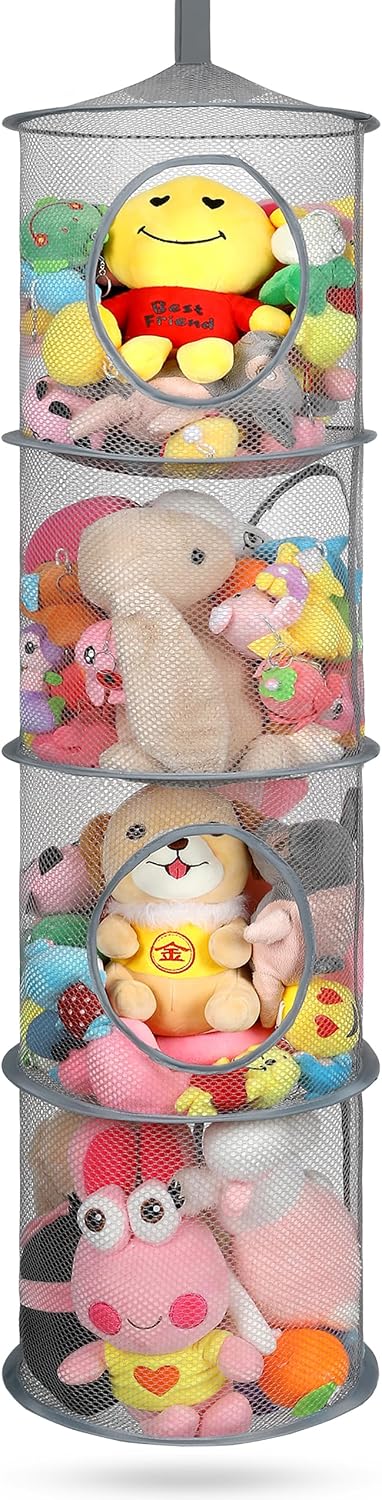 Hanging Stuffed Animal Storage Hammock Net 4 Tiers, Pink
