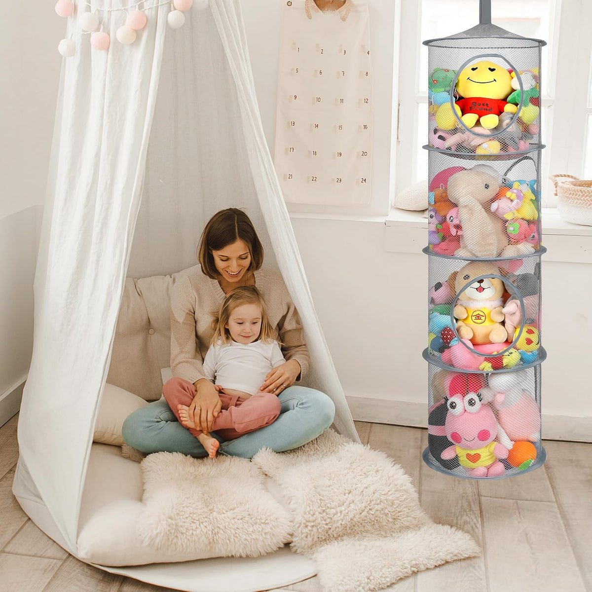 Hanging Stuffed Animal Storage Hammock Net 4 Tiers, Pink
