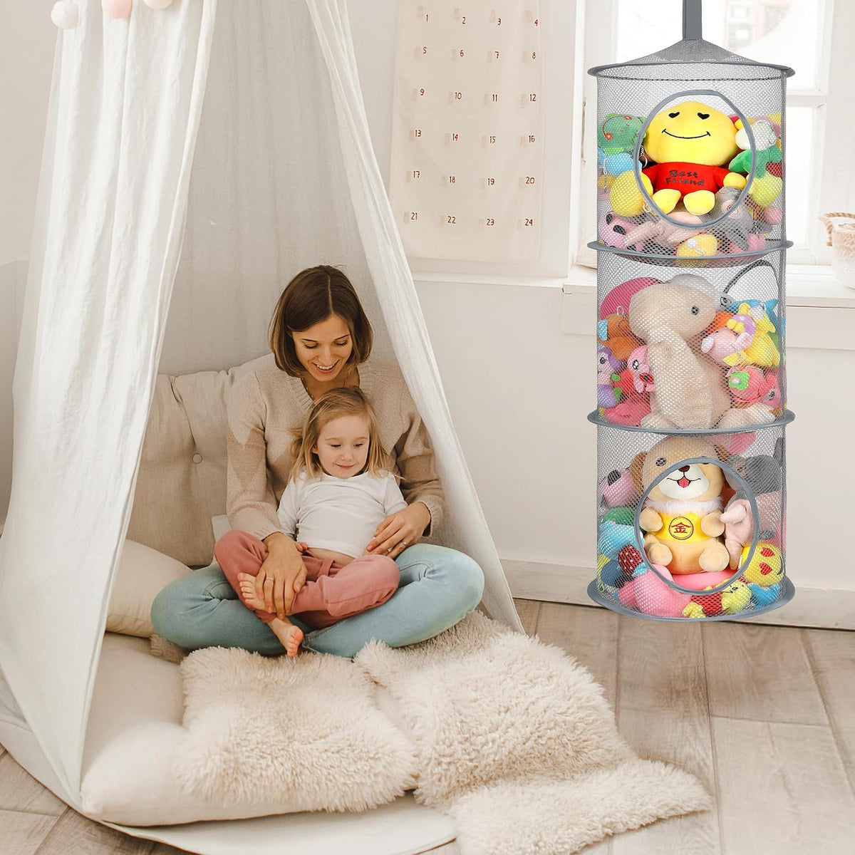 Hanging Stuffed Animal Storage Hammock Net 4 Tiers, Pink